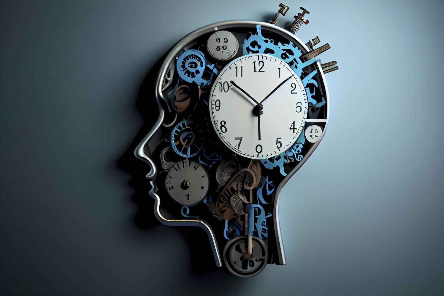 Time to plan and implement business concept, action group of clocks in the shape of a human head with a winding key with 3D rendering elements photo