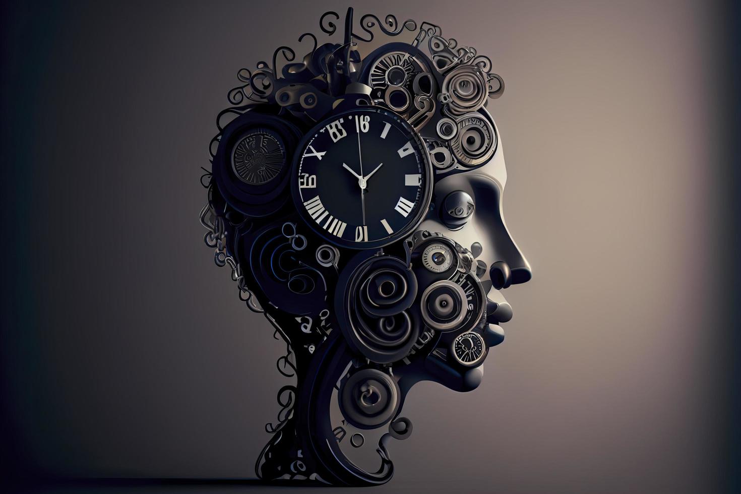 Time to plan and implement business concept, action group of clocks in the shape of a human head with a winding key with 3D rendering elements photo