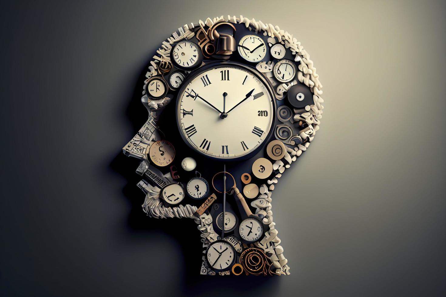 Time to plan and implement business concept, action group of clocks in the shape of a human head with a winding key with 3D rendering elements photo