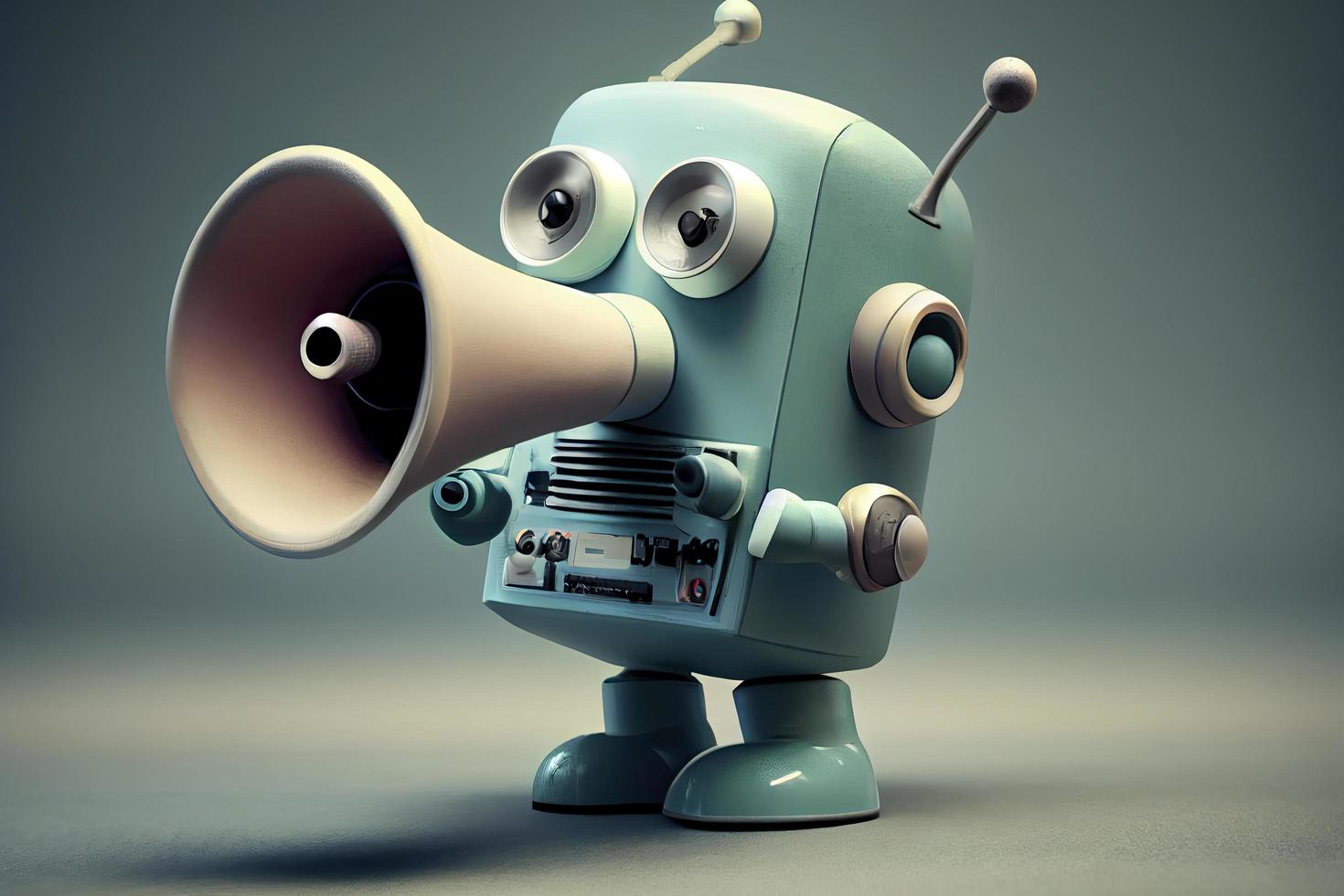 Online marketing idea featuring a little, adorable robot holding a megaphone without its legs photo