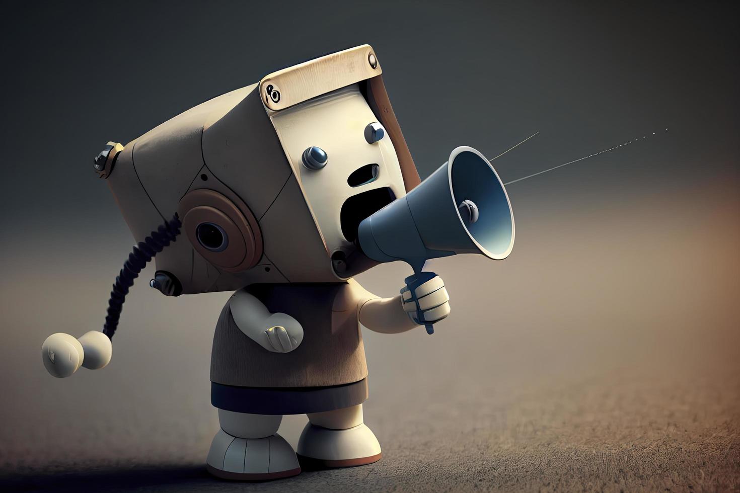 Online marketing idea featuring a little, adorable robot holding a megaphone without its legs photo