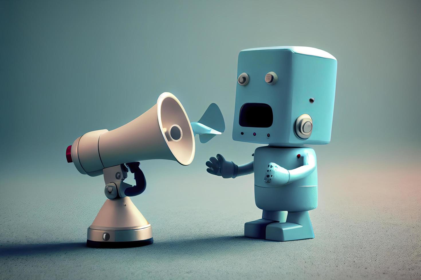 Online marketing idea featuring a little, adorable robot holding a megaphone without its legs photo