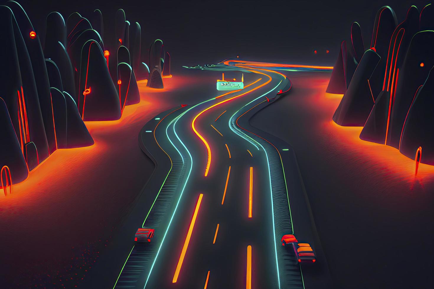 Roadmap design, neon glowing, forward movement, dark environment created photo