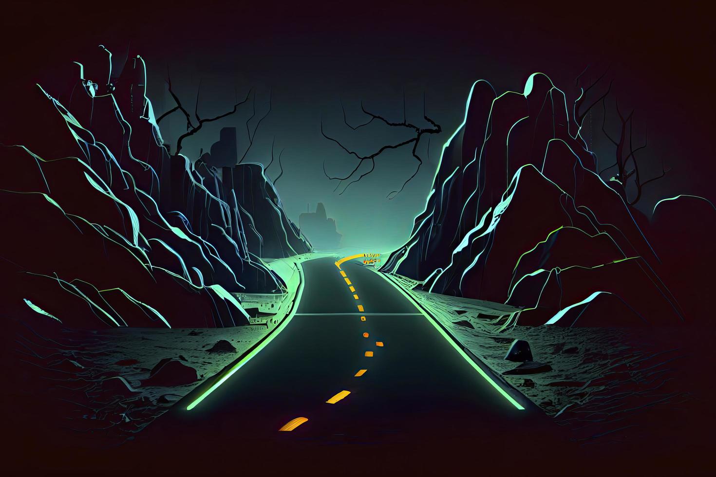 Roadmap design, neon glowing, forward movement, dark environment created photo