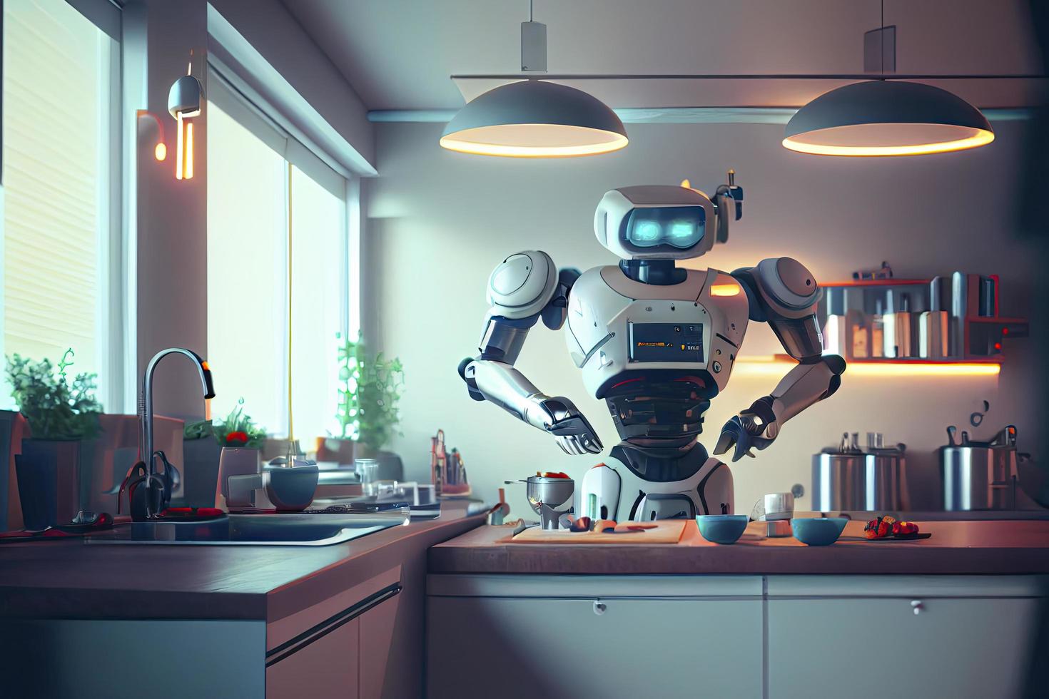 Robot chef cooking in kitchen of future home genius, smart robot working in modern house photo