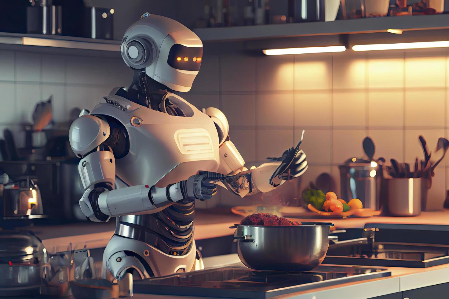 Robot chef cooking in kitchen of future home genius, smart robot working in modern house photo