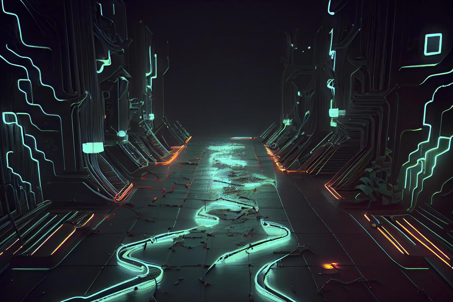 Roadmap design, neon glowing, forward movement, dark environment created photo