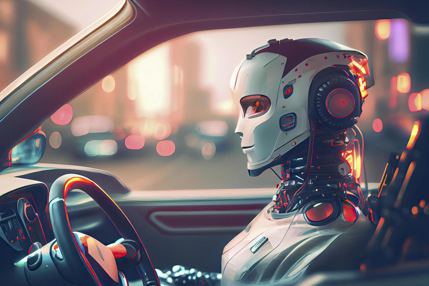 Humanoid robot driving autonomous car, future technology concept photo