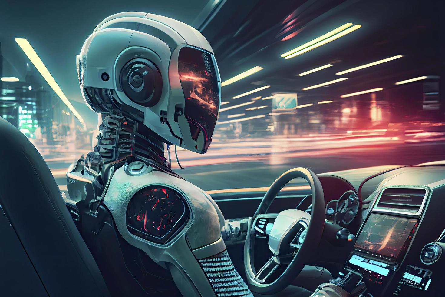 Humanoid robot driving autonomous car, future technology concept photo