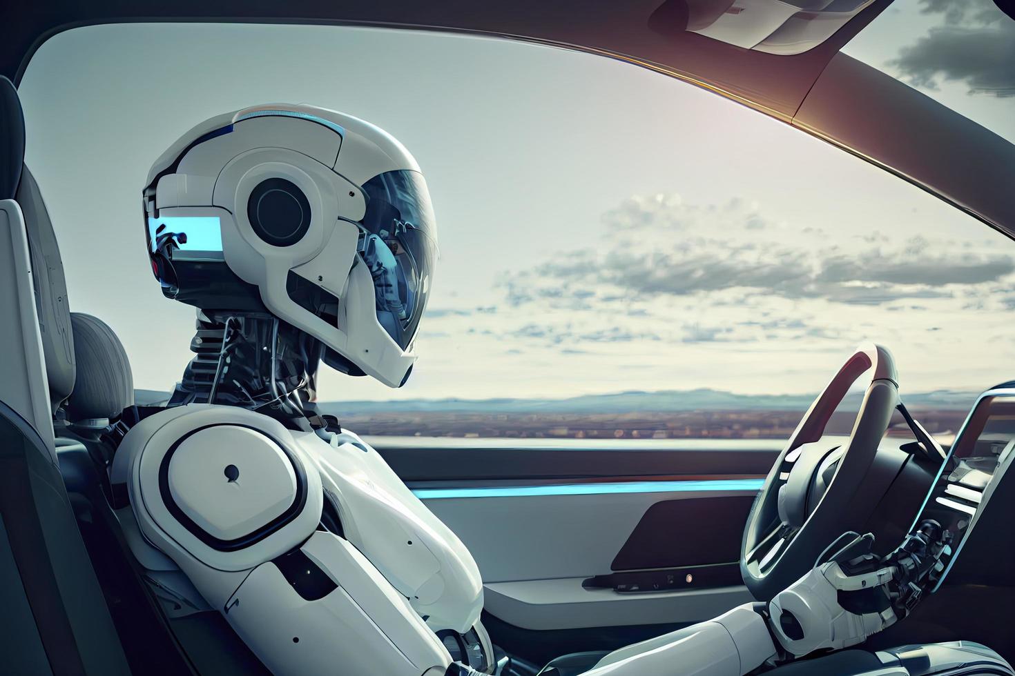 Humanoid robot driving autonomous car, future technology concept photo