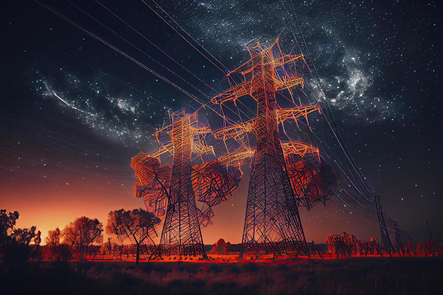 Electricity transmission towers with orange glowing wires the starry night sky photo