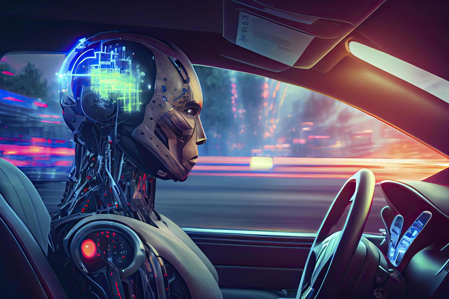 Humanoid robot driving autonomous car, future technology concept photo