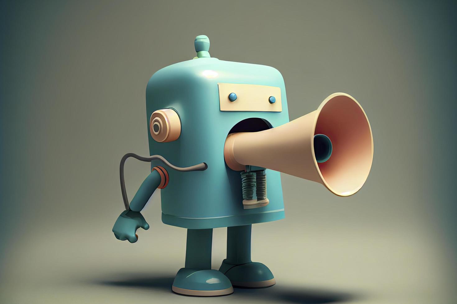 Online marketing idea featuring a little, adorable robot holding a megaphone without its legs photo