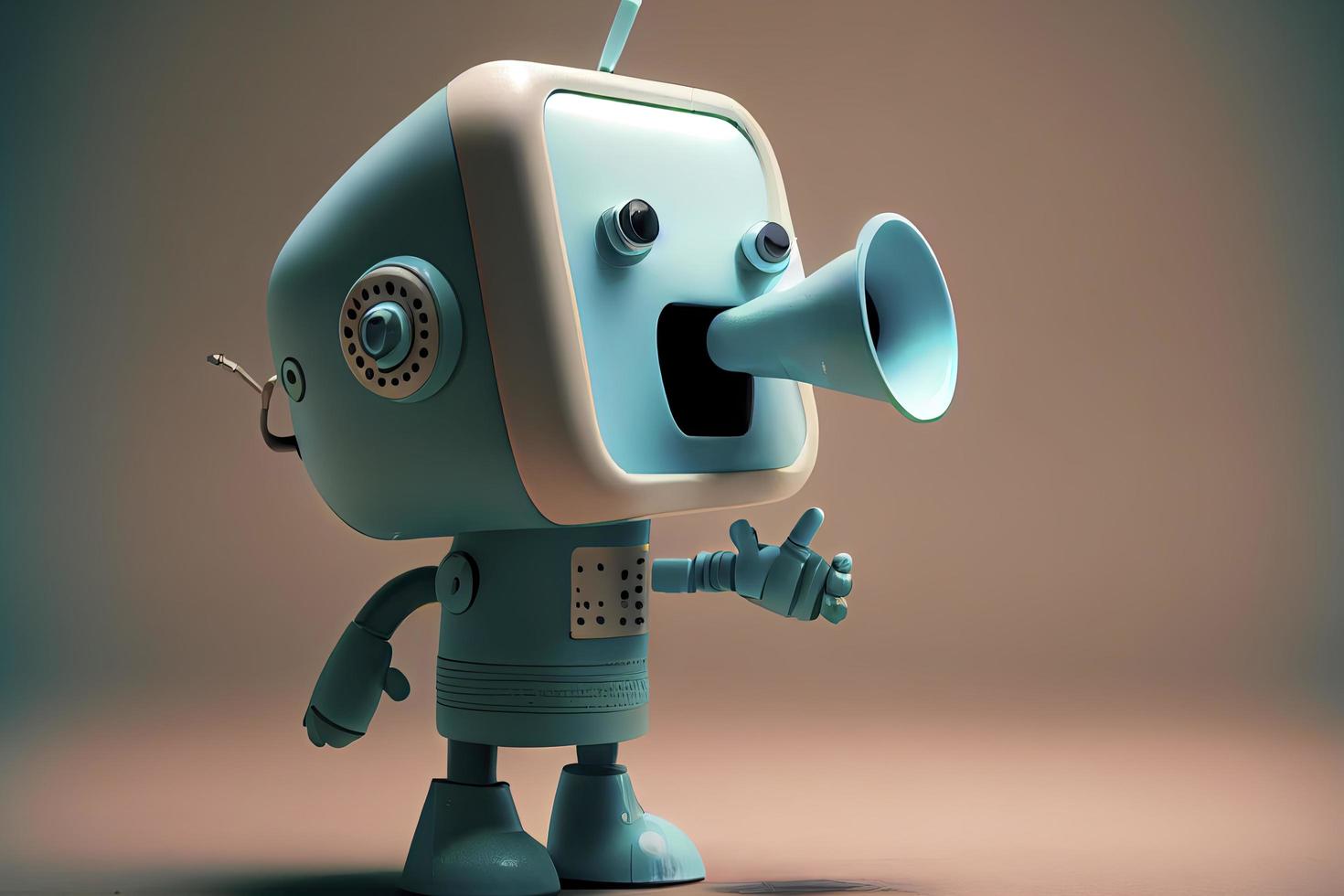 Online marketing idea featuring a little, adorable robot holding a megaphone without its legs photo