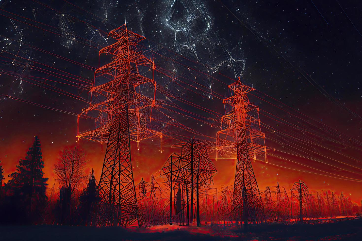 Electricity transmission towers with orange glowing wires the starry night sky photo