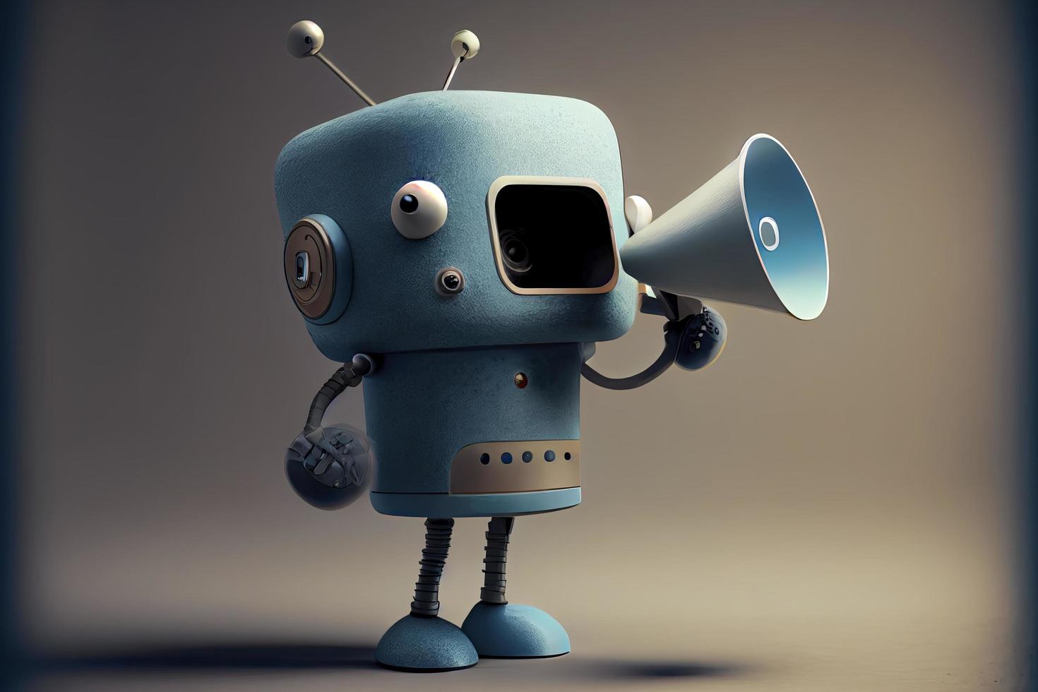 Online marketing idea featuring a little, adorable robot holding a megaphone without its legs photo
