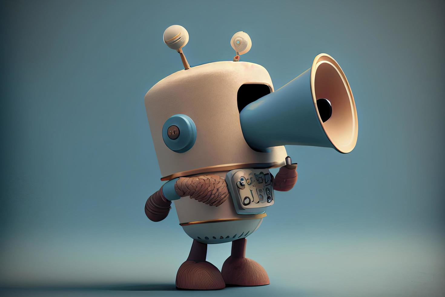 Online marketing idea featuring a little, adorable robot holding a megaphone without its legs photo