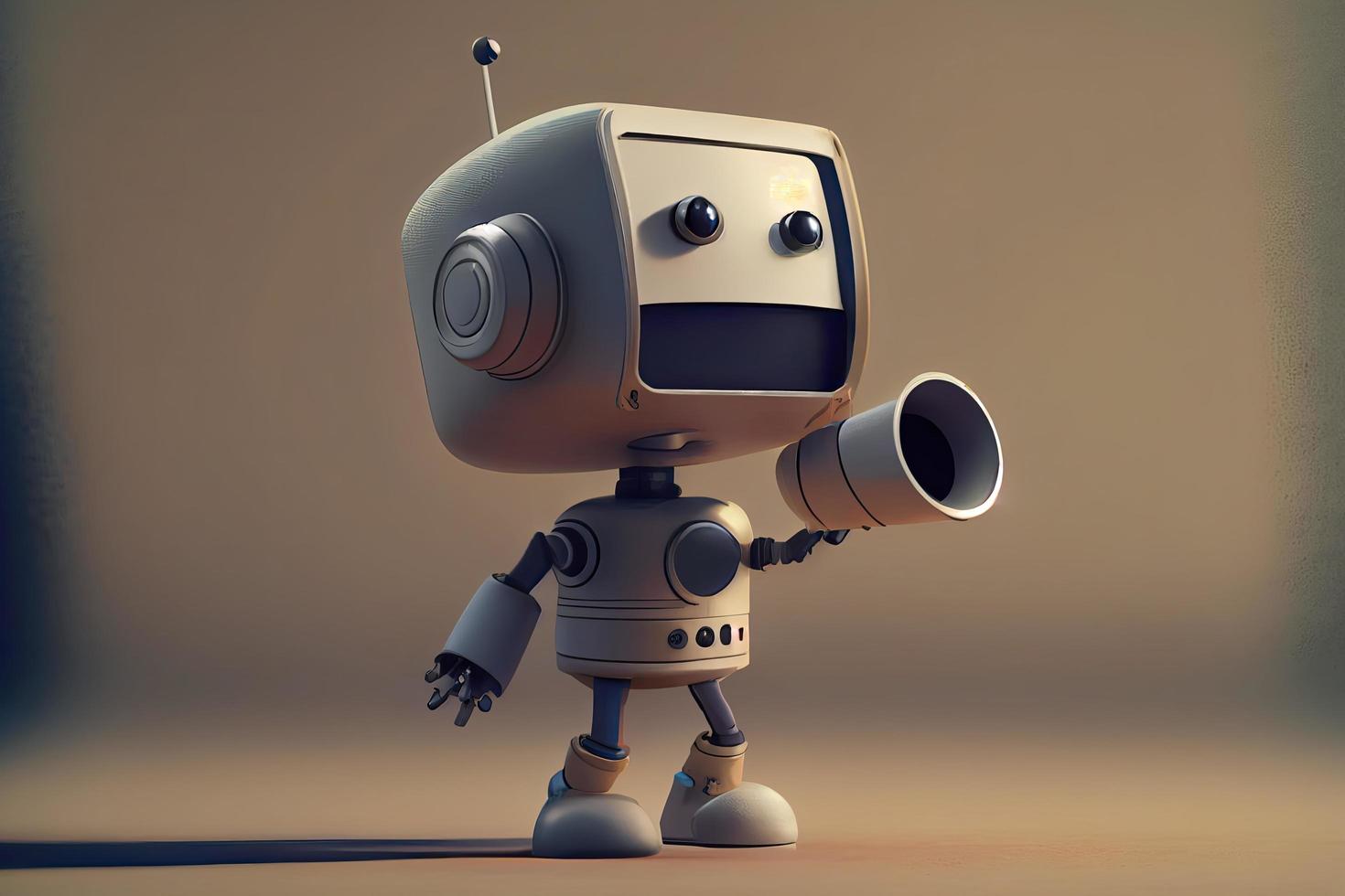 Online marketing idea featuring a little, adorable robot holding a megaphone without its legs photo