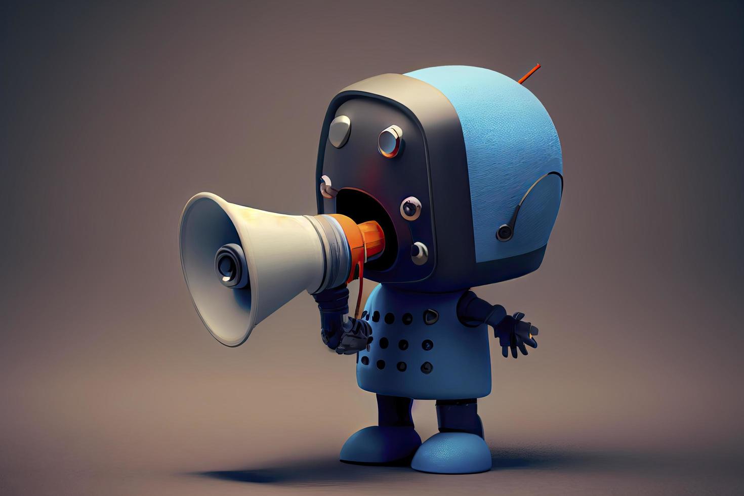 Online marketing idea featuring a little, adorable robot holding a megaphone without its legs photo