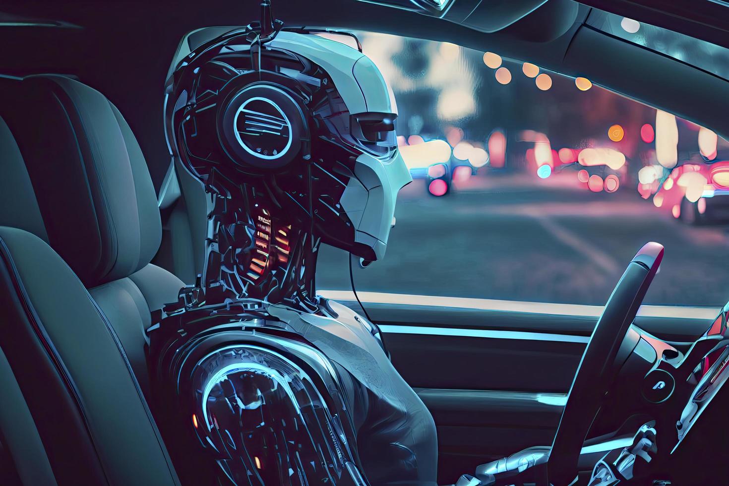 Humanoid robot driving autonomous car, future technology concept photo