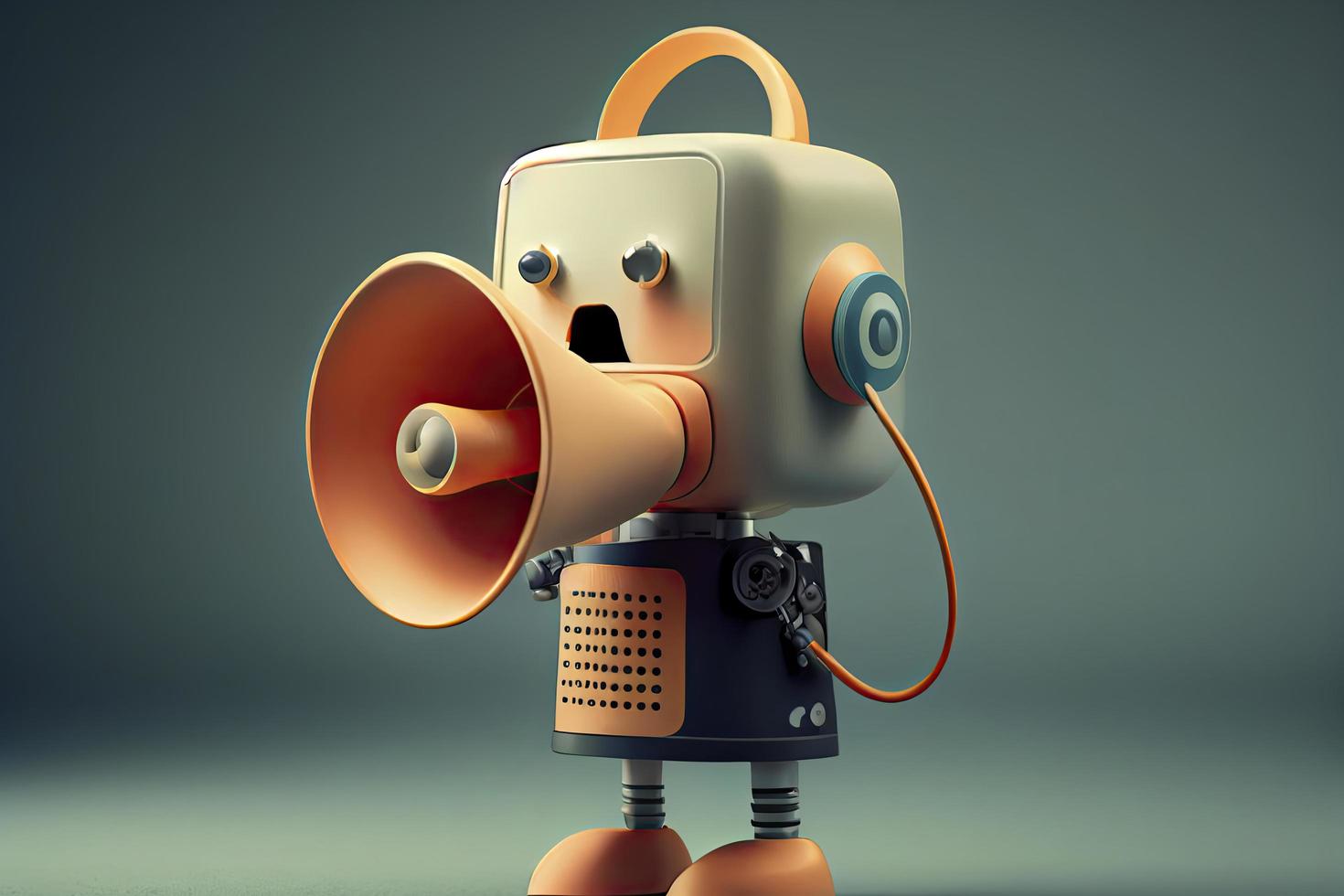 Online marketing idea featuring a little, adorable robot holding a megaphone without its legs photo
