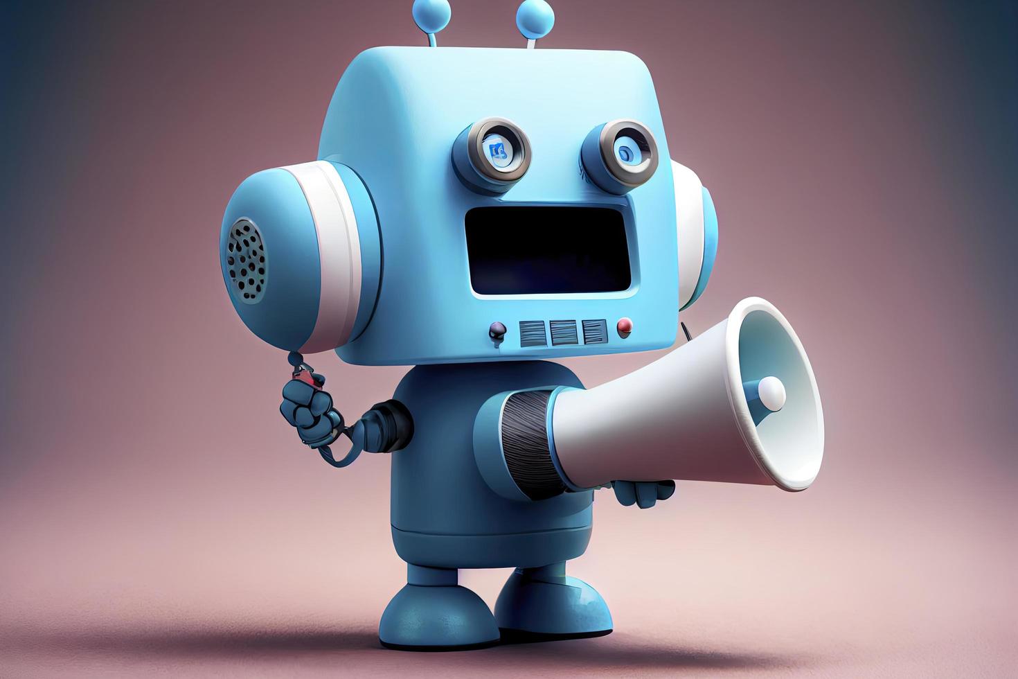 Online marketing idea featuring a little, adorable robot holding a megaphone without its legs photo