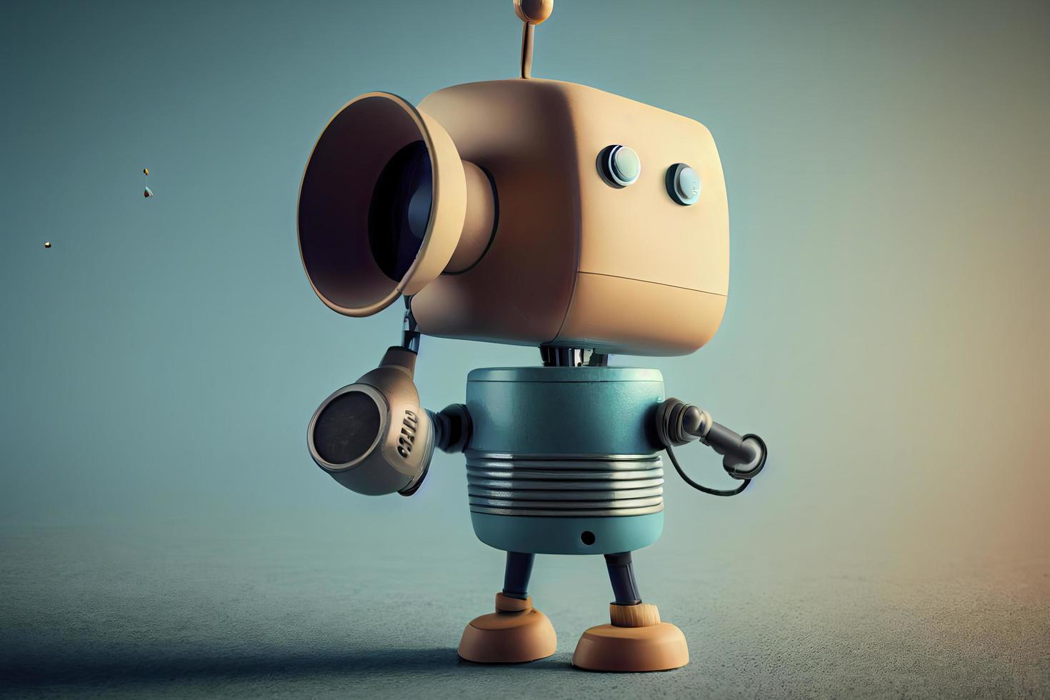 Online marketing idea featuring a little, adorable robot holding a megaphone without its legs photo