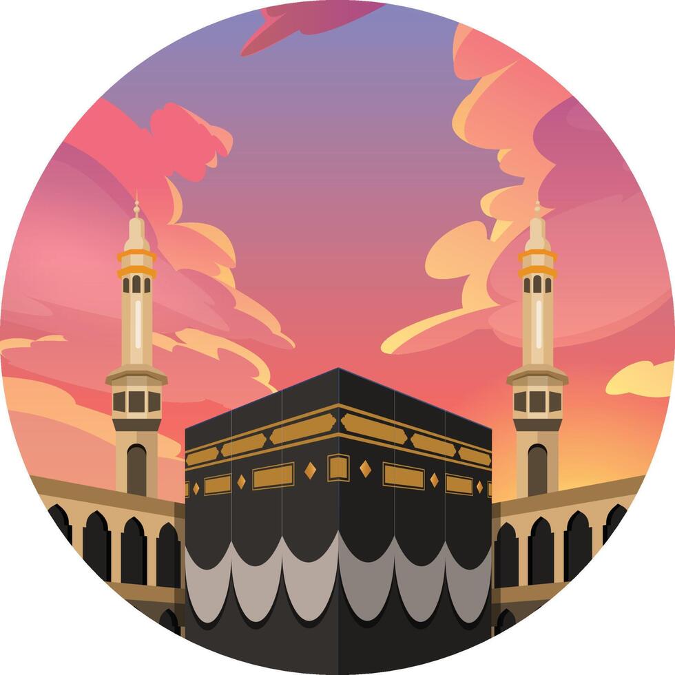 Vector illustration of The Kabah in Masjidil Haram with sunset sky view