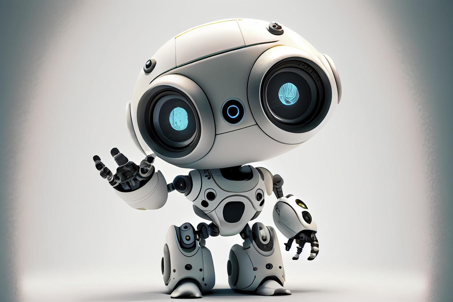 Cute robot on a white backdrop with a pointing hand and a winking eye. technological idea photo