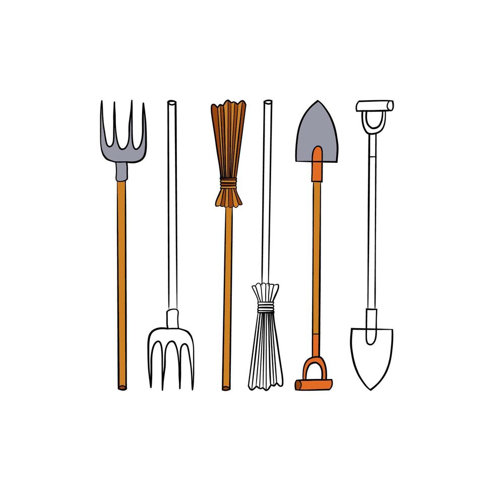 Vector illustration for your design. Colored and black line outline. Garden set. Pitchfork, shovel, broom.