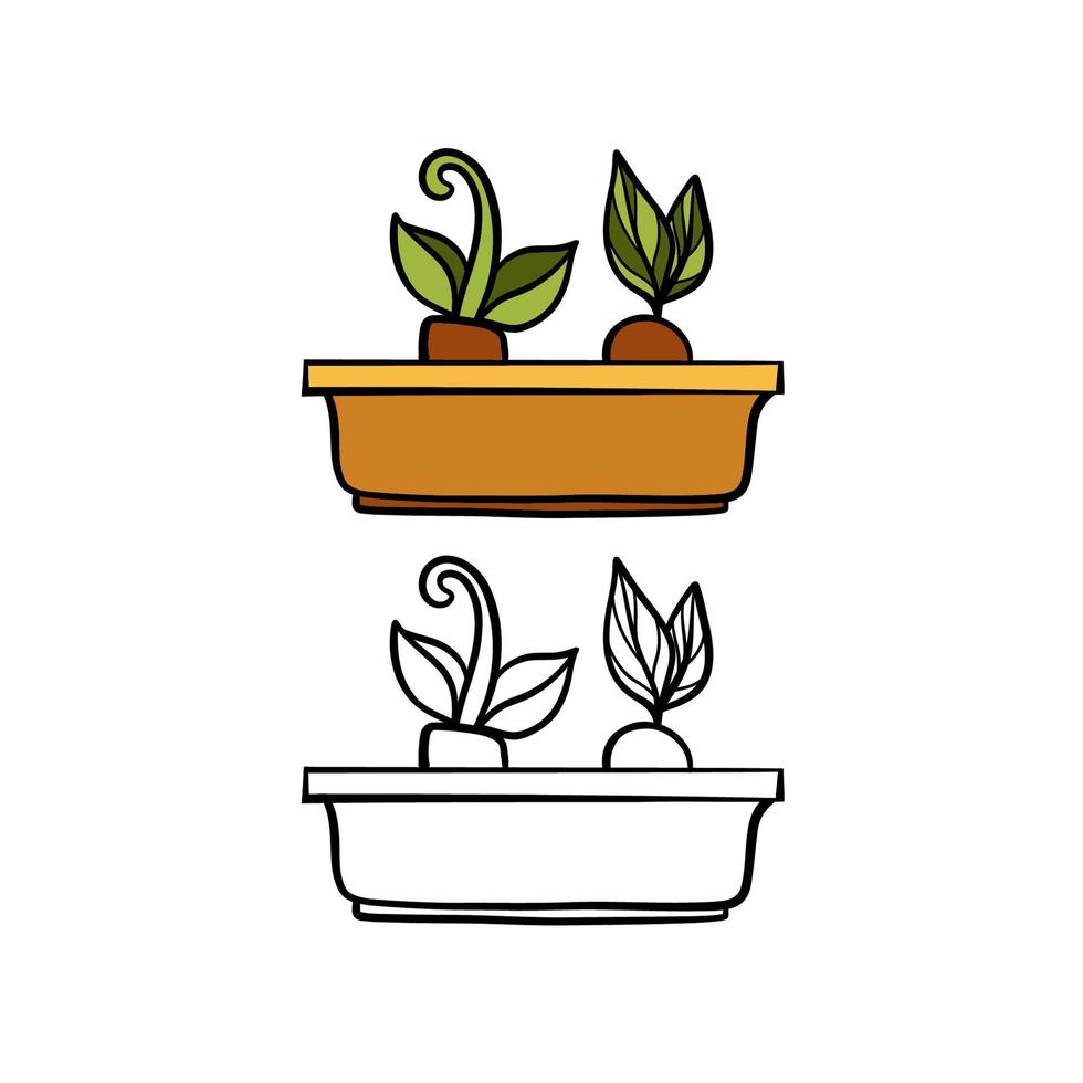 Vector illustration for your design. Colored and black line outline. Garden set. Flowerpot with seedlings.