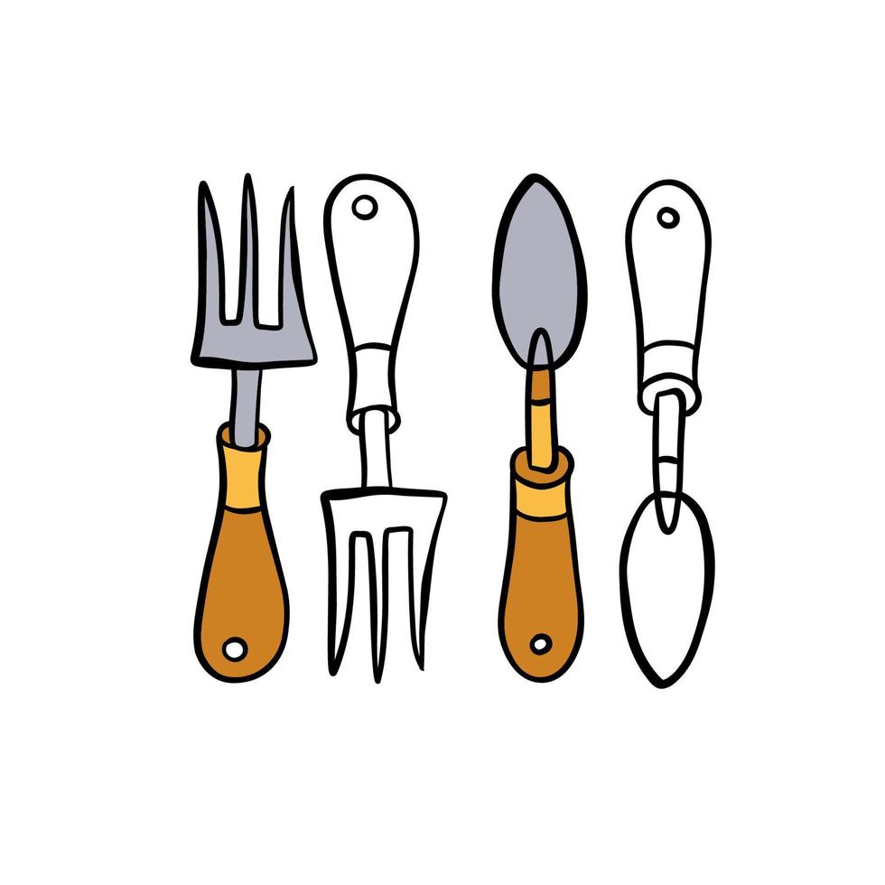 Vector illustration for your design. Colored and black line outline. Garden set. Pitchfork, shovel