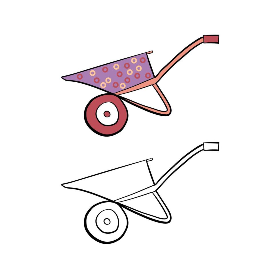 Vector illustration for your design. Colored and black line outline. Wheelbarrow