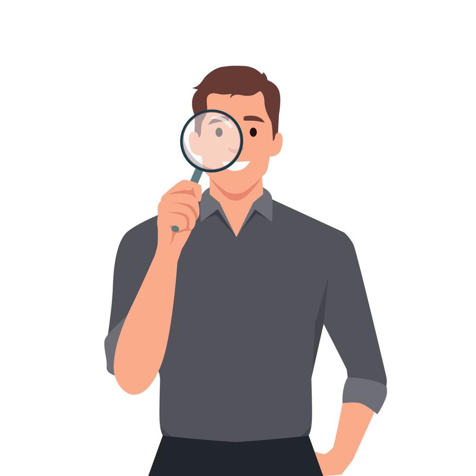 Portrait of young hipster man looking through magnifying glass. Bearded trendy person holding magnifier. Male character design illustration vector