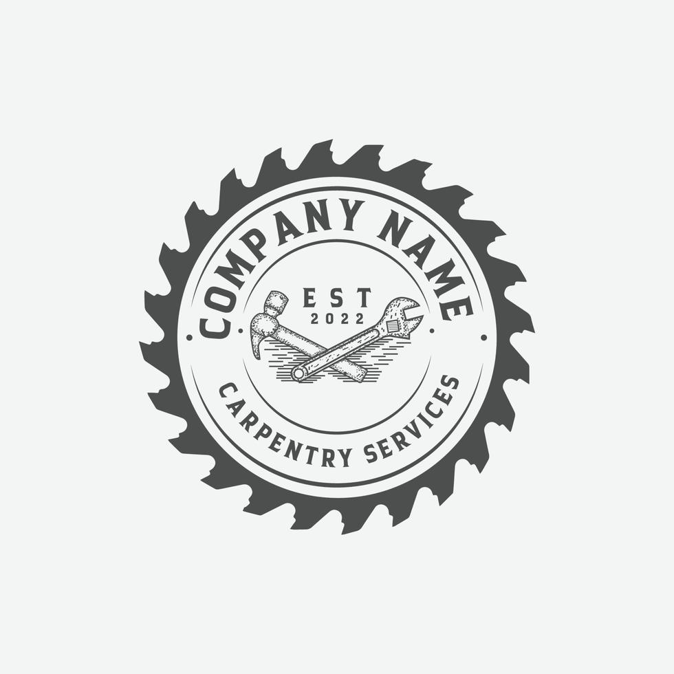 carpentry services logo with wrench saw blade and hammer vector