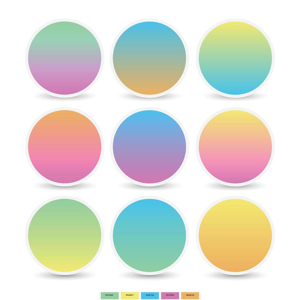 Set of 9 Rounded holographic pastel color combination gradient sphere buttons. Multicolor colorful soft round buttons or vivid color spheres flat vector set