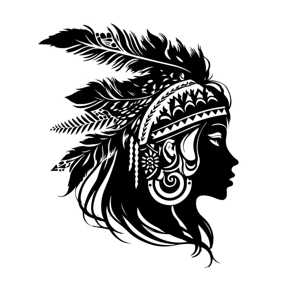 Ornate Indian girl with a feather war bonnet on the head. Black and white, isolated vector illustration for emblem, mascot, sign, poster, card, logo, banner, tattoo.