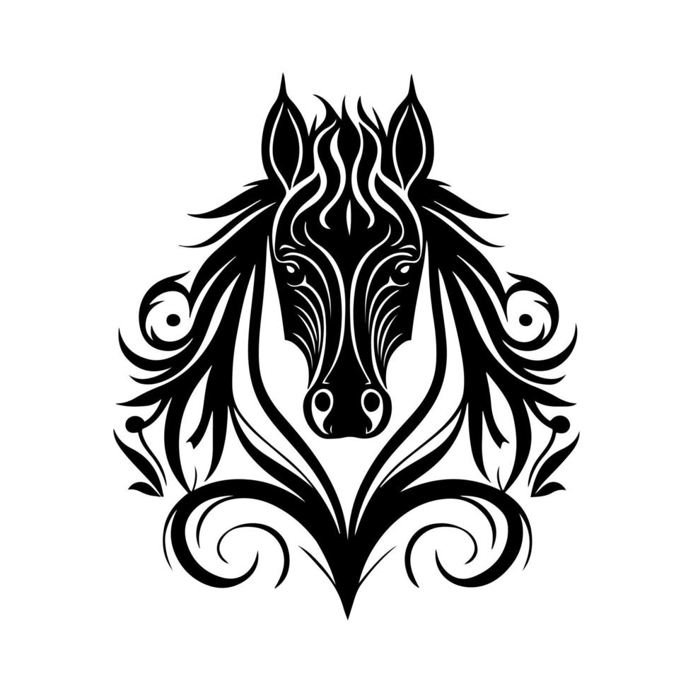 Ornate portrait of a horse, front view. Decorative illustration for logo, emblem, tattoo, embroidery, laser cutting, sublimation. vector