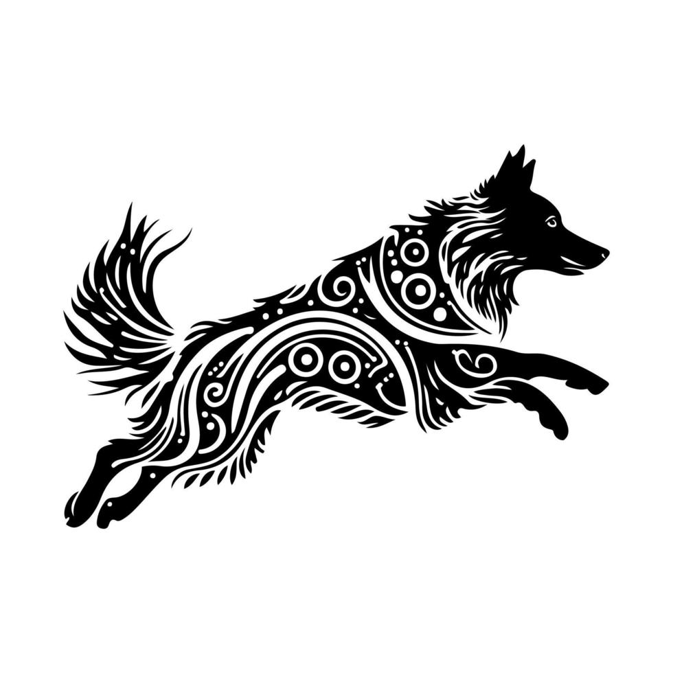 Portrait of a running Border Collie dog in ornamental style. Monochrome vector for logo, emblem, mascot, embroidery, sign, nameplate, crafting.