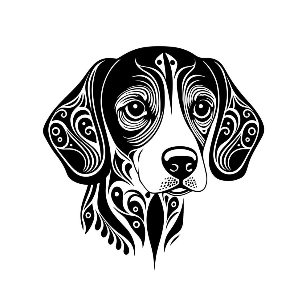 Cute ornamental portrait of a Beagle dog. Design element for emblem, mascot, sign, poster, card, logo, banner, tattoo. Isolated, black and white vector illustration.