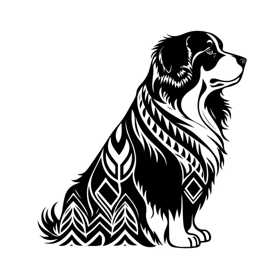 Portrait of a sitting Bernese Mountain dog in ornamental style. Black and white, isolated vector illustration for emblem, mascot, sign, poster, card, logo, banner.
