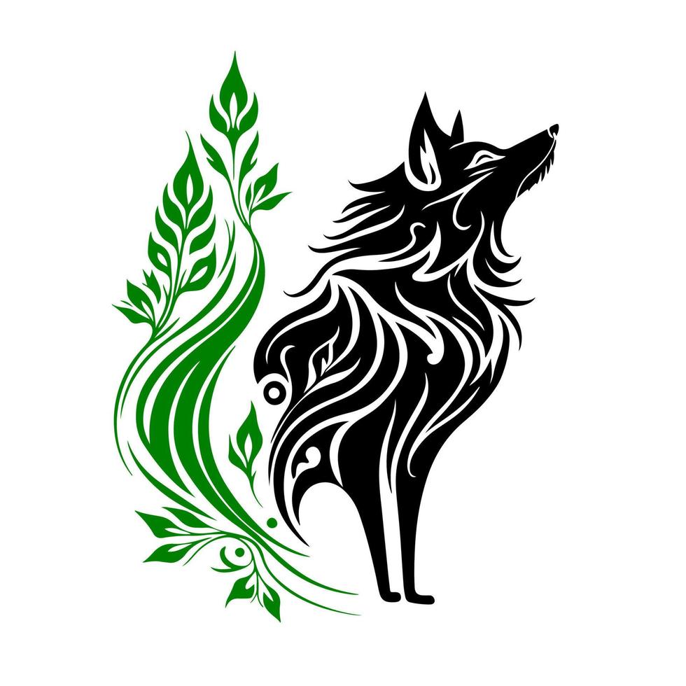 A wild wolf in the forest thickets looks up. Tribal design for tattoo, logo, sign, emblem, t-shirt, embroidery, crafting, sublimation. vector