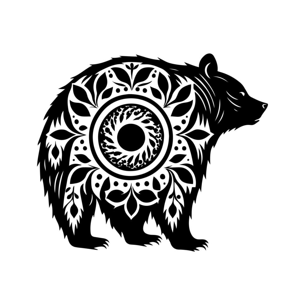 Grizzly bear with mandala ornament. Vector illustration for logo, sign, emblem, embroider. Isolated on white background.