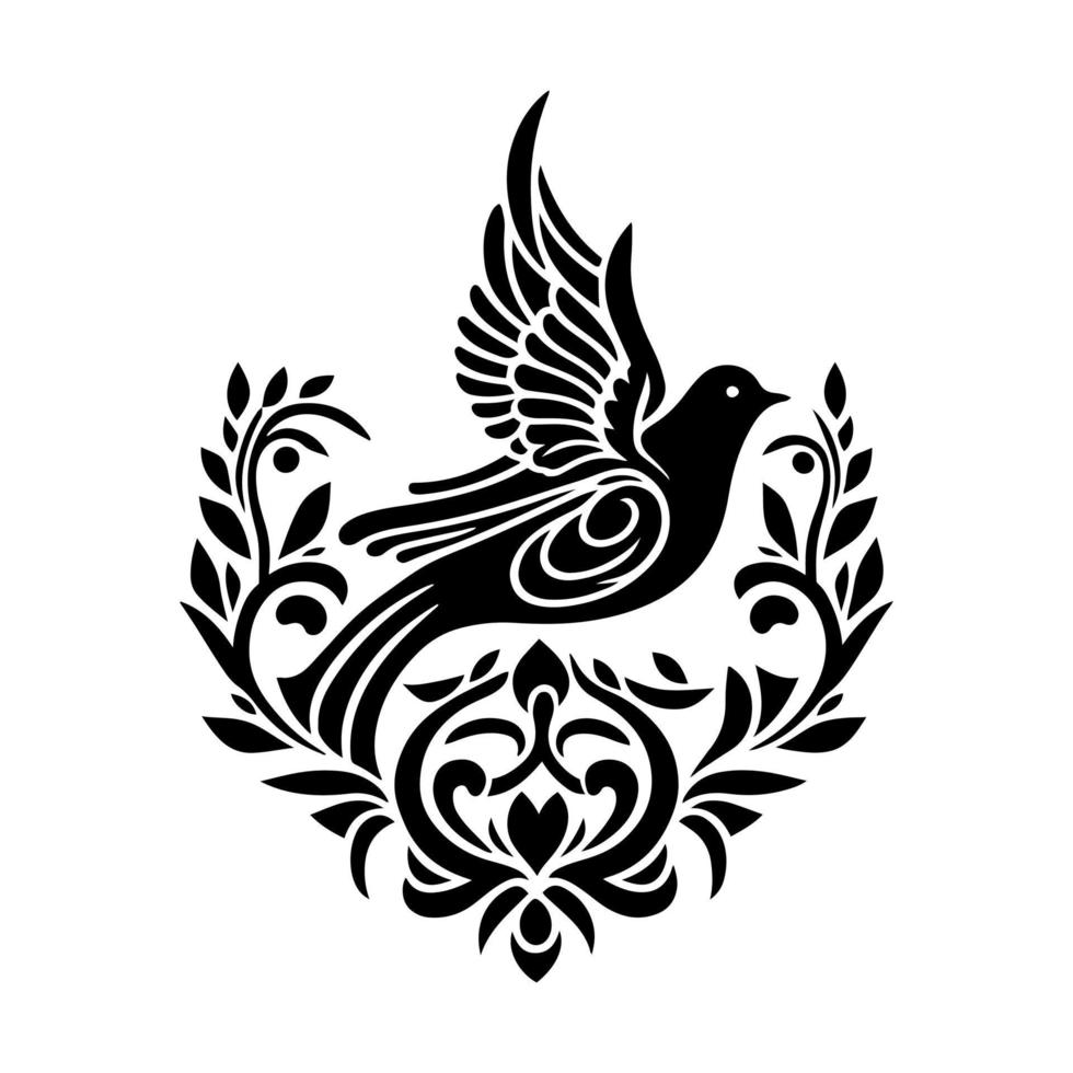 Dove of peace in floral pattern. Black and white vector illustration on white background.