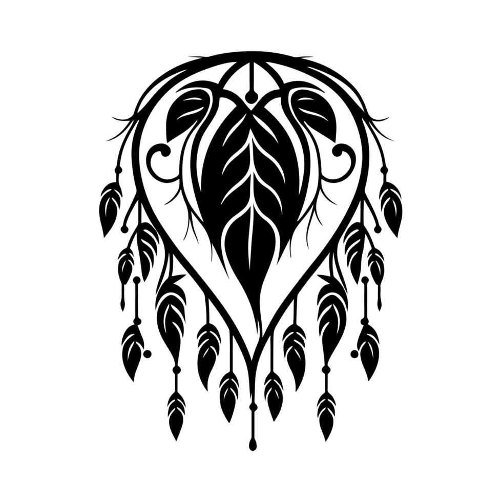 Ornamental dream catcher made of leaves and feathers sign. Vector illustration for, logo, emblem, embroidery, tattoo, laser cutting, sublimation.