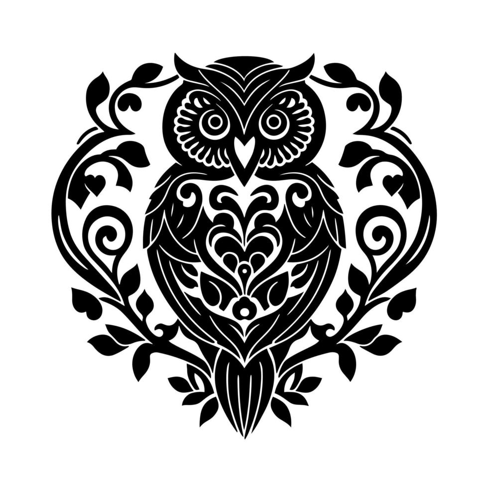 Cute owl in the flowerbeds. Ornate vector illustration, isolated on white background.