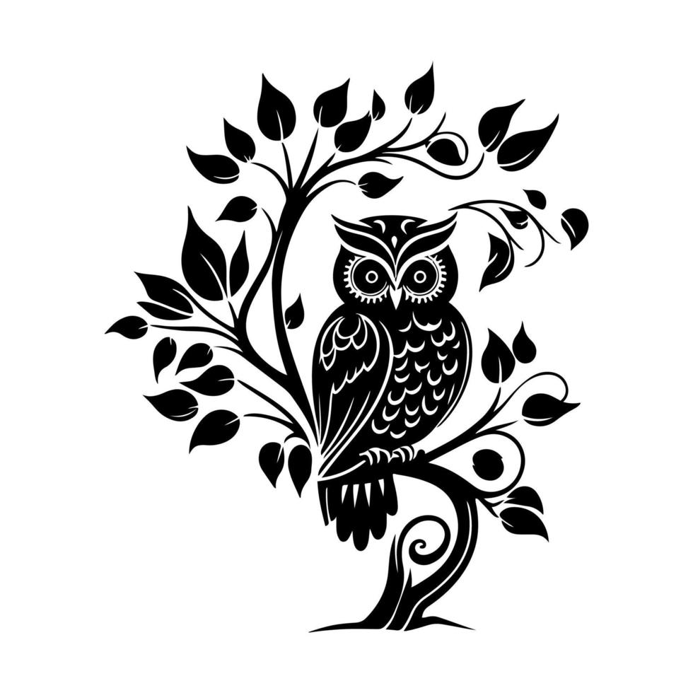 Cute owl on tree branch. Black and white vector illustration for sign, emblem, t-shirt, wood burning, embroidery, crafting, sublimation.