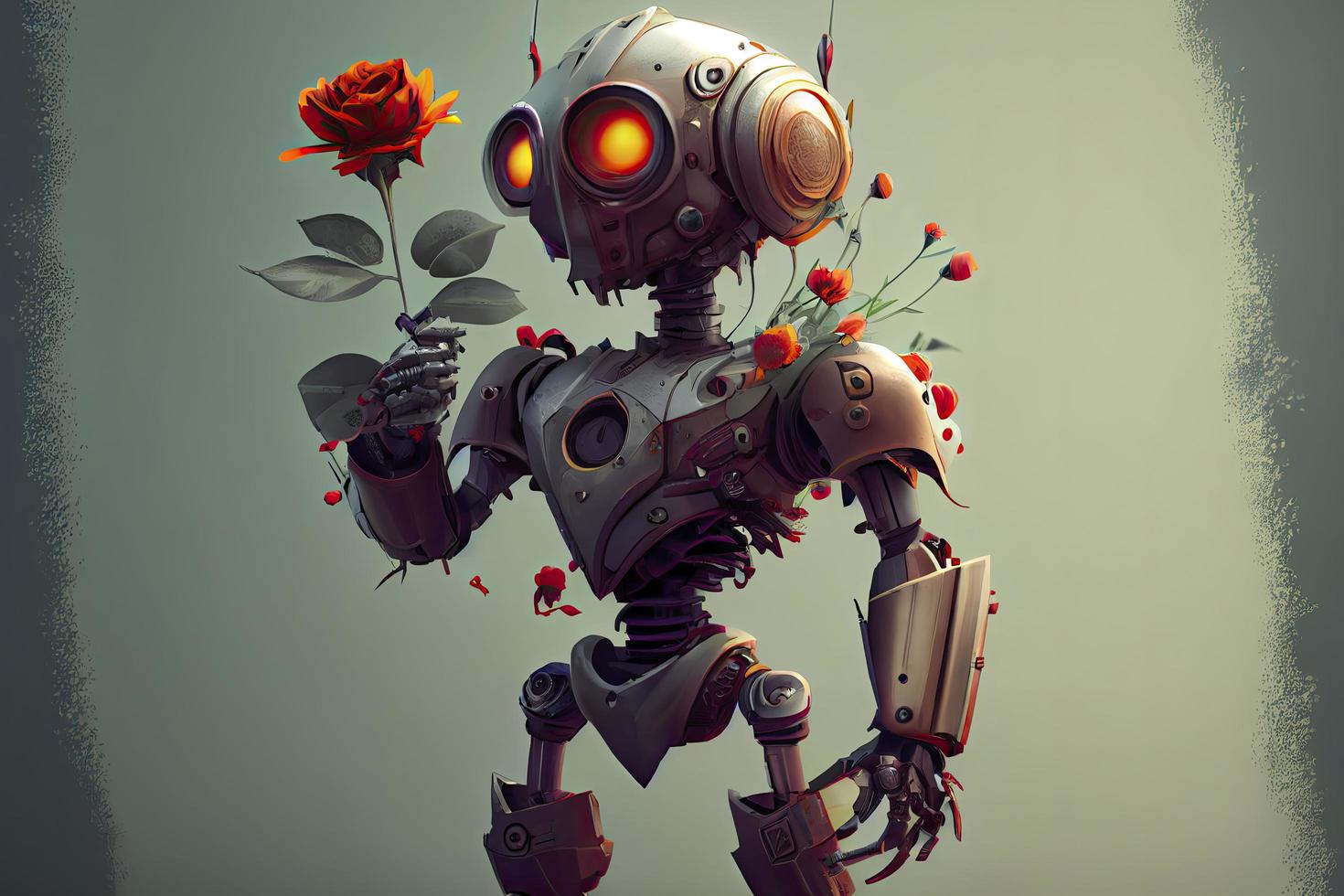 design of a robot cyborg holding a flower photo