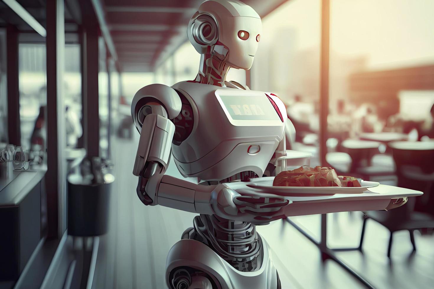 A humanoid robot waiter carries a tray of food and drinks in a restaurant photo