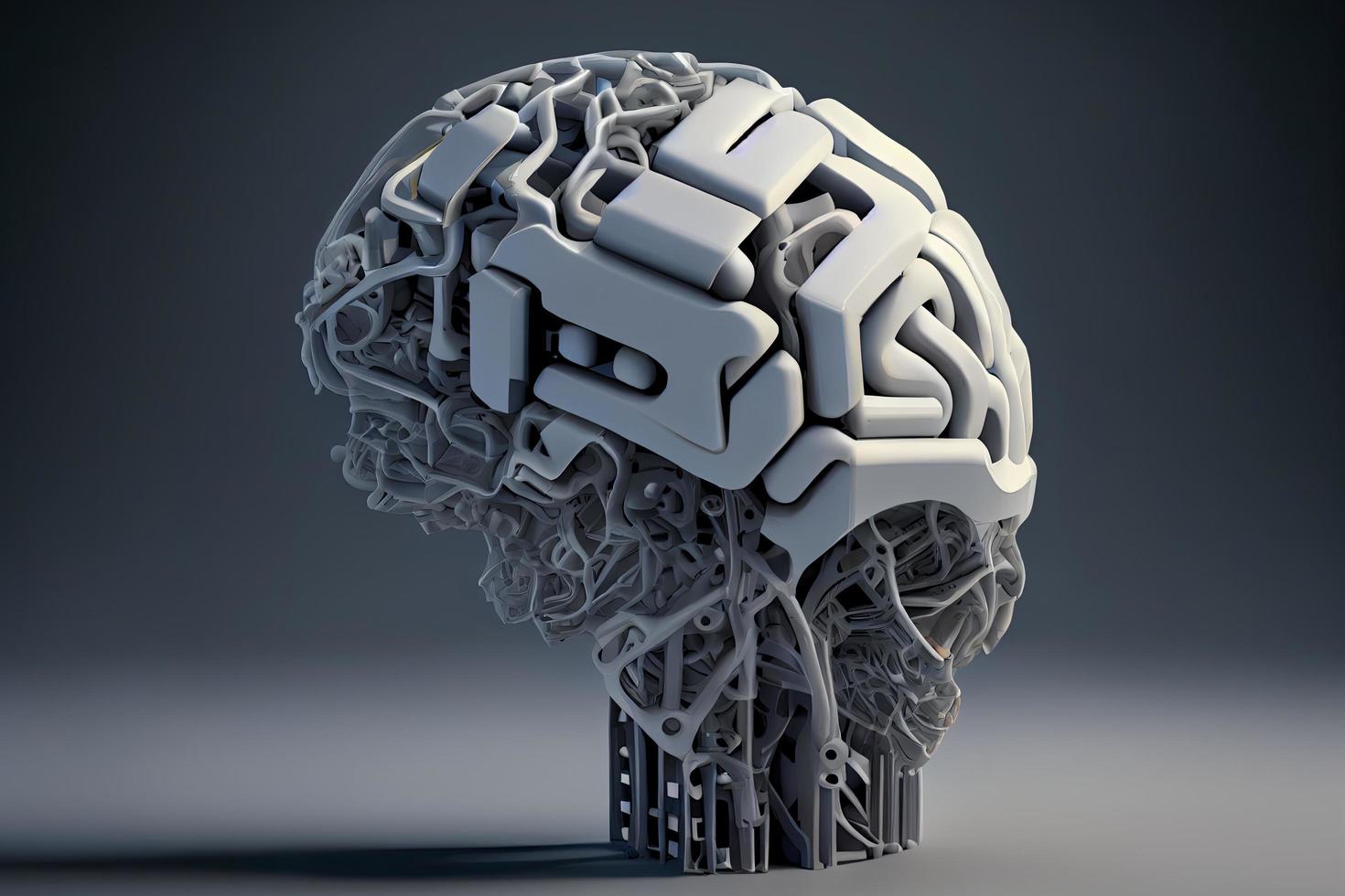 A robot head model with a human brain on it ,3D rendering photo